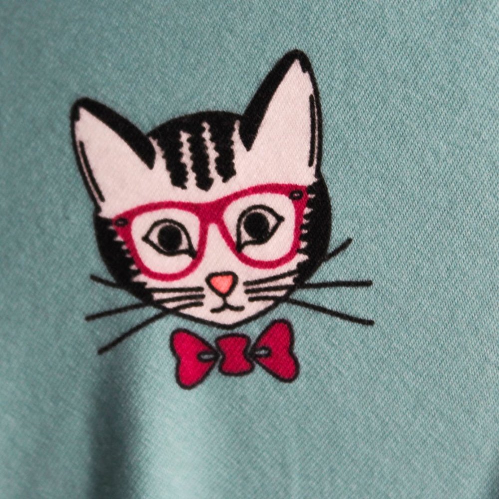 Mint Blue Whimsical Cat w/Glasses and Bow Tie Leggings - Picture 6 of 8